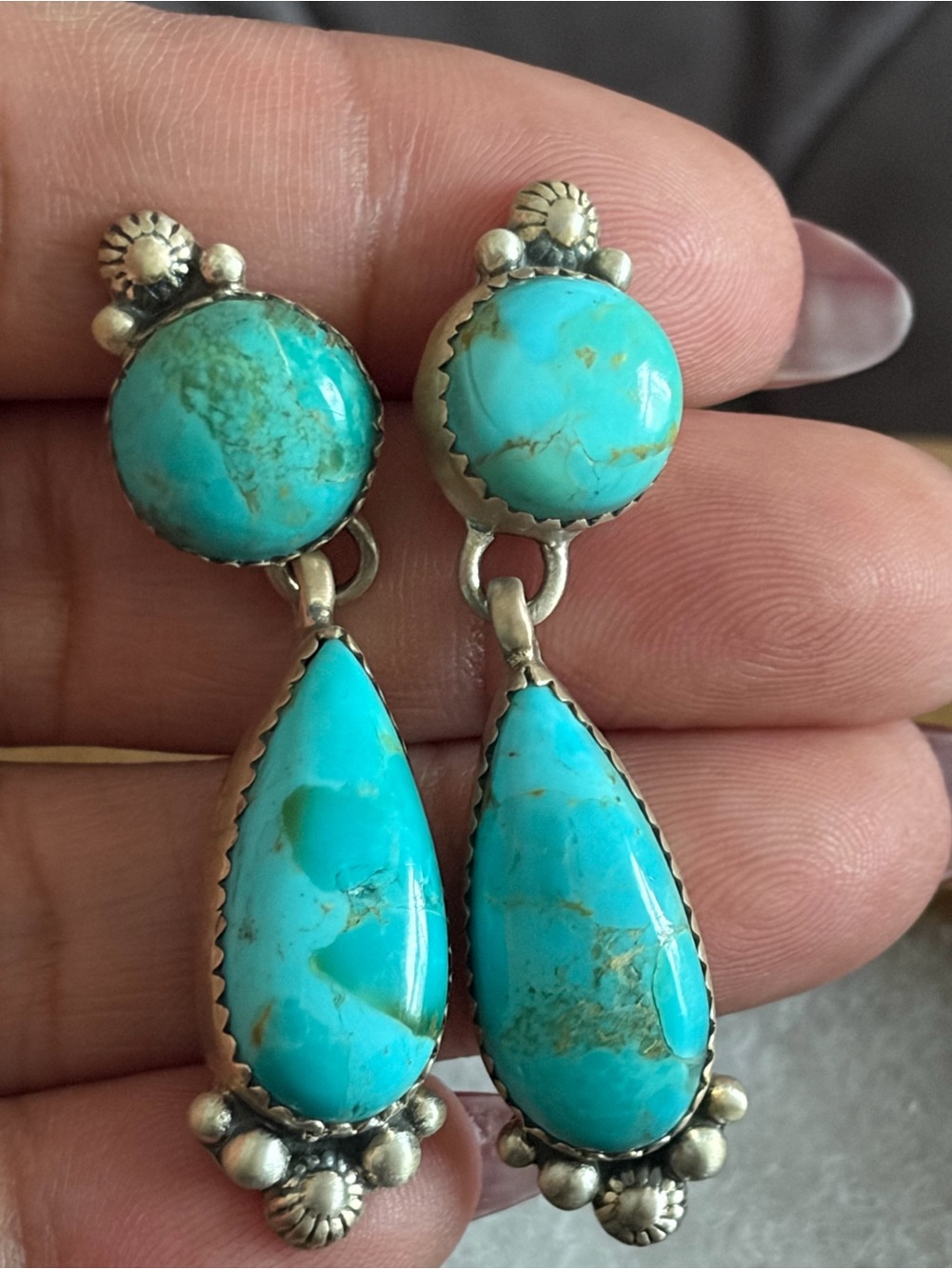 Navajo Turquoise and 925 Sterling Silver Earrings -Teardrop Design